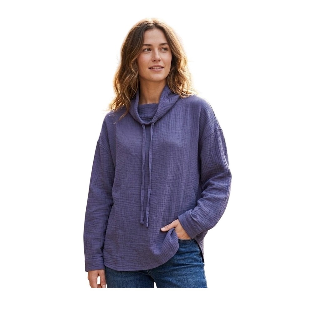 Caslon Gauzy Cowl Neck Top Navy Blue Cotton Textured Knit Long Sleeve M